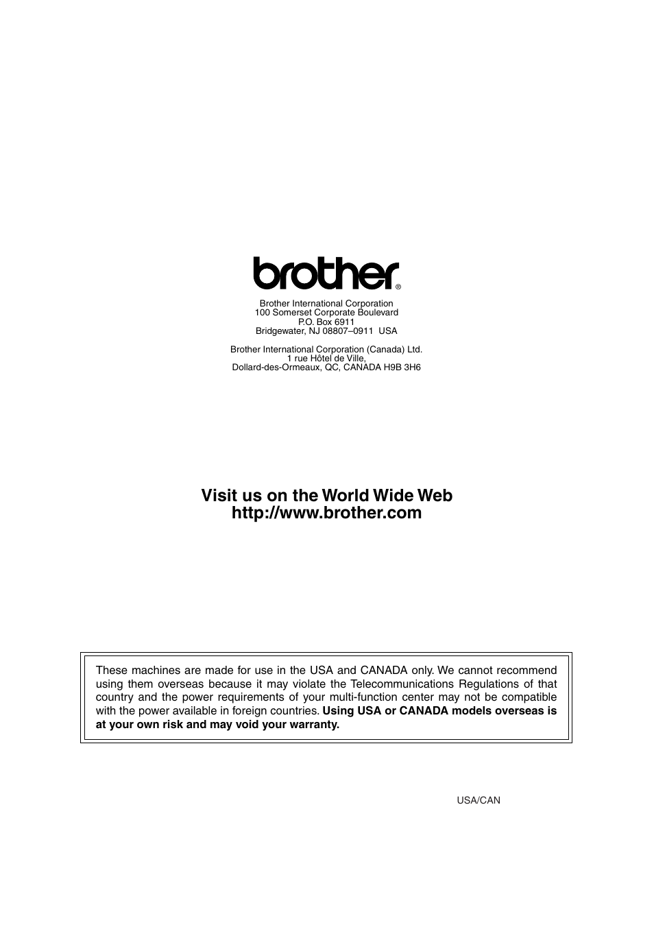 Brother usa/can | Brother MFC-8440  B User Manual | Page 231 / 231