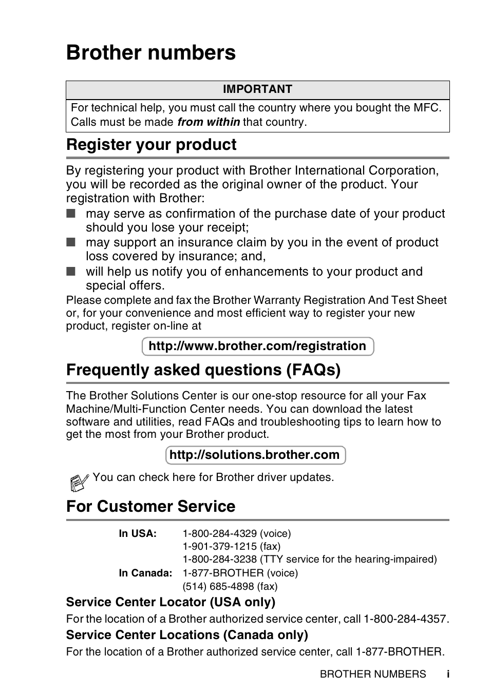 Brother numbers, Register your product, Frequently asked questions (faqs) | For customer service | Brother MFC-8440  B User Manual | Page 3 / 231