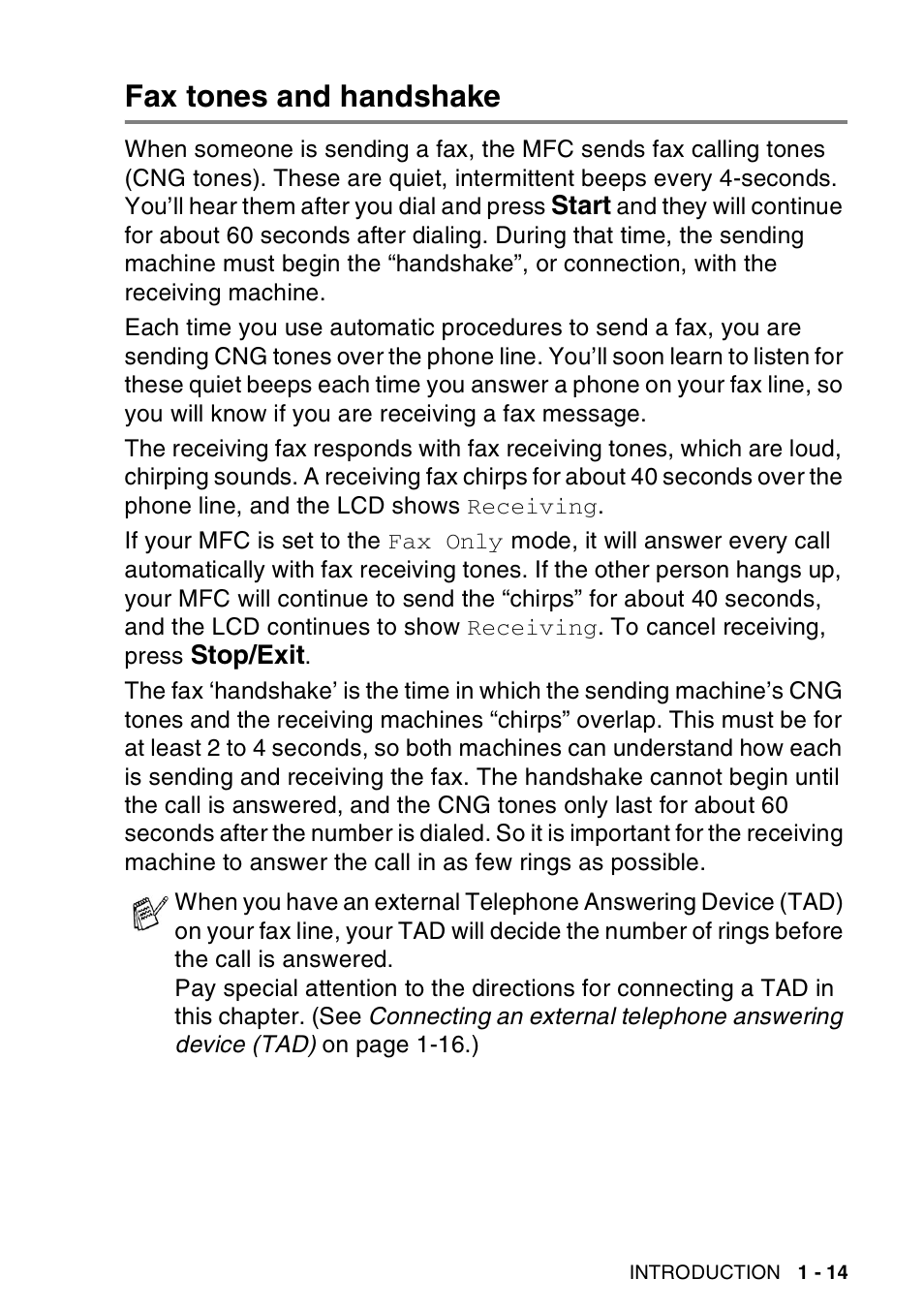 Fax tones and handshake, Fax tones and handshake -14 | Brother MFC-8440  B User Manual | Page 35 / 231