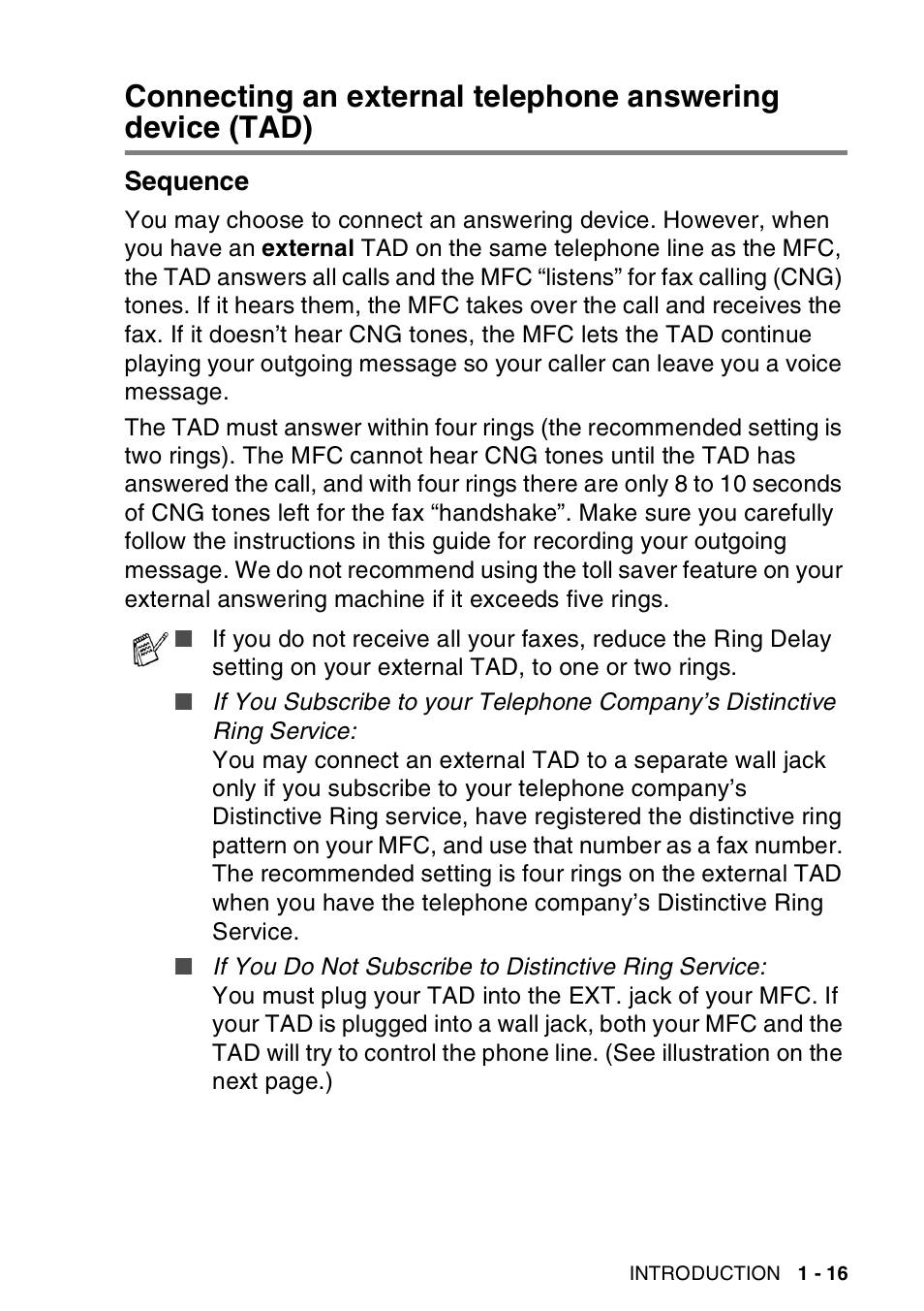 Sequence, Connecting an external telephone answering device, Tad) -16 sequence -16 | Brother MFC-8440  B User Manual | Page 37 / 231