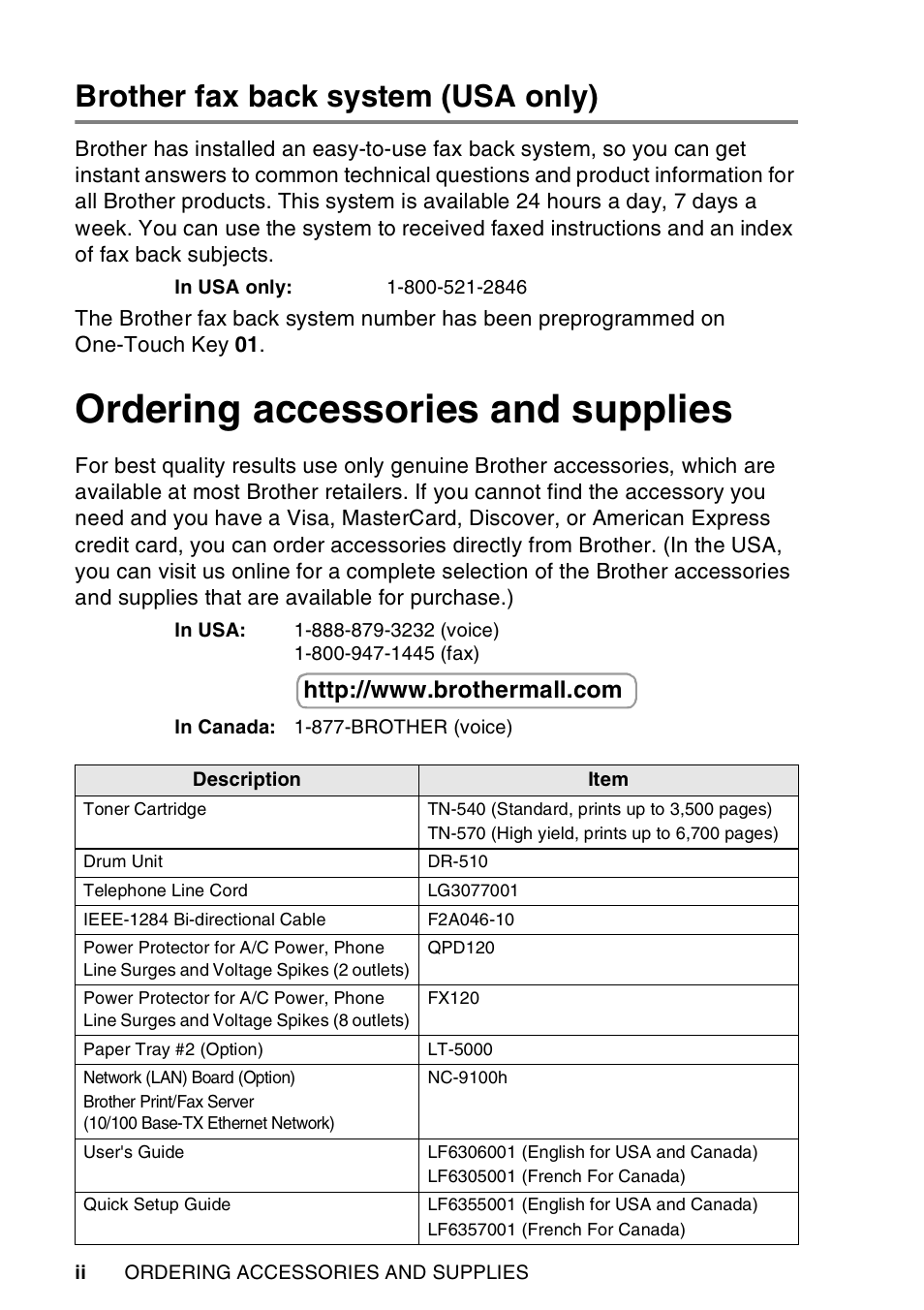 Brother fax back system (usa only), Ordering accessories and supplies | Brother MFC-8440  B User Manual | Page 4 / 231