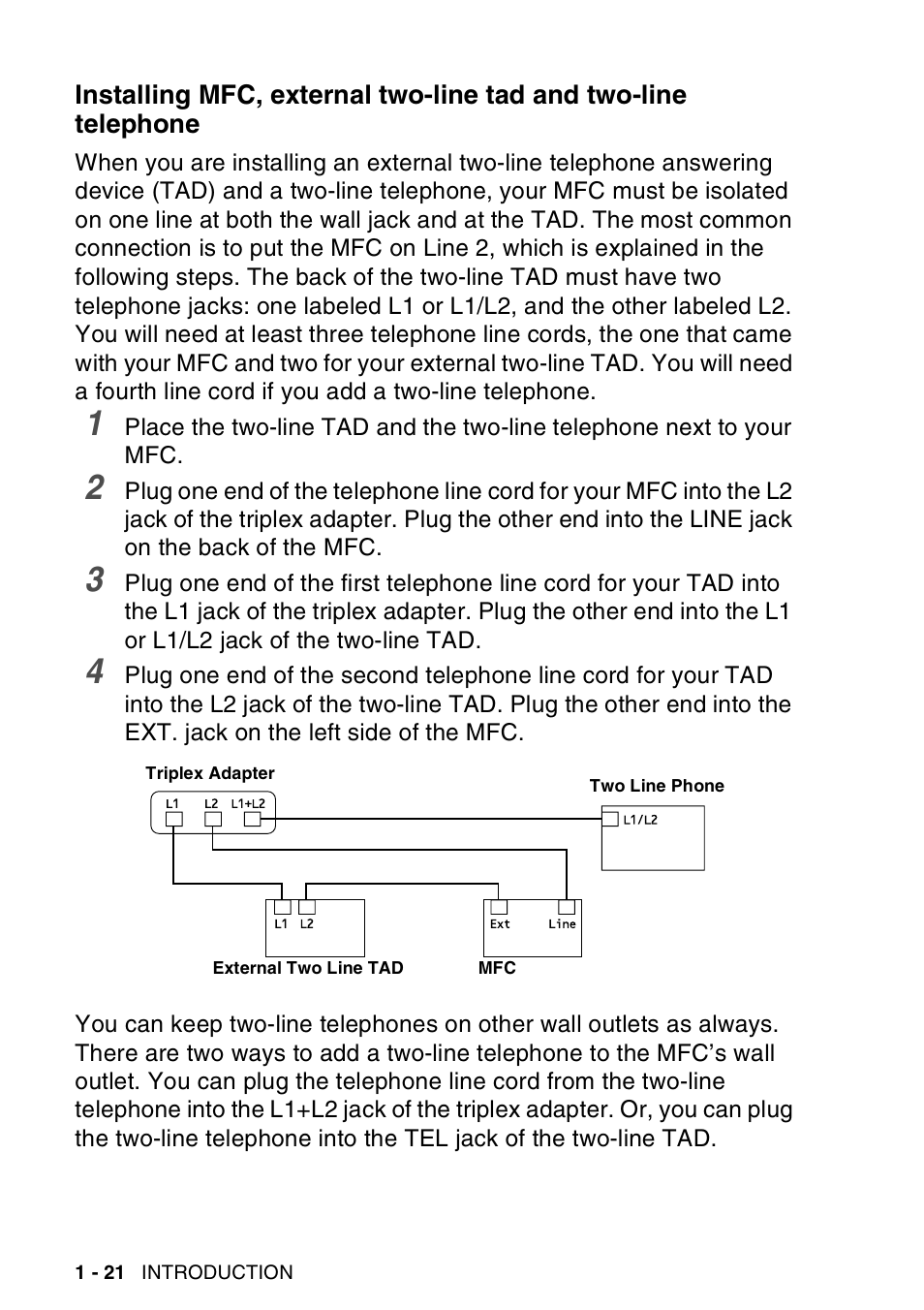 Installing mfc, external two-line tad and two-line, Telephone -21 | Brother MFC-8440  B User Manual | Page 42 / 231