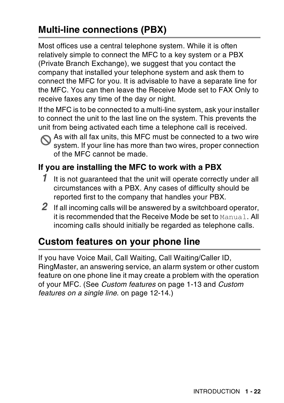 Multi-line connections (pbx), If you are installing the mfc to work with a pbx, Custom features on your phone line | Multi-line connections (pbx) -22, Custom features on your phone line -22 | Brother MFC-8440  B User Manual | Page 43 / 231