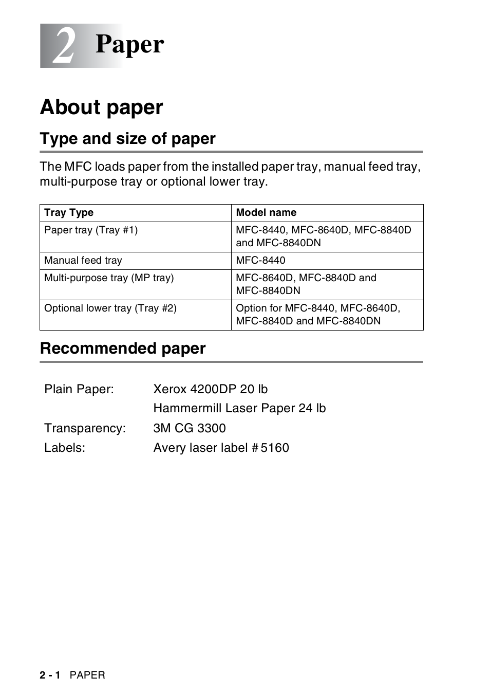 2 paper, About paper, Type and size of paper | Recommended paper, Paper -1, About paper -1, Type and size of paper -1 recommended paper -1, Paper | Brother MFC-8440  B User Manual | Page 44 / 231