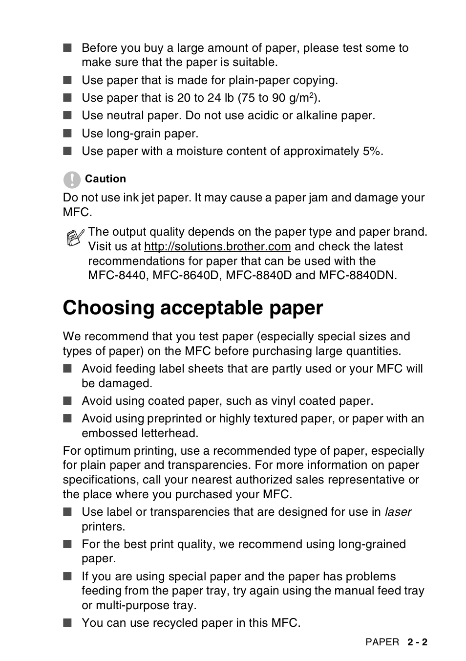 Choosing acceptable paper, Choosing acceptable paper -2 | Brother MFC-8440  B User Manual | Page 45 / 231