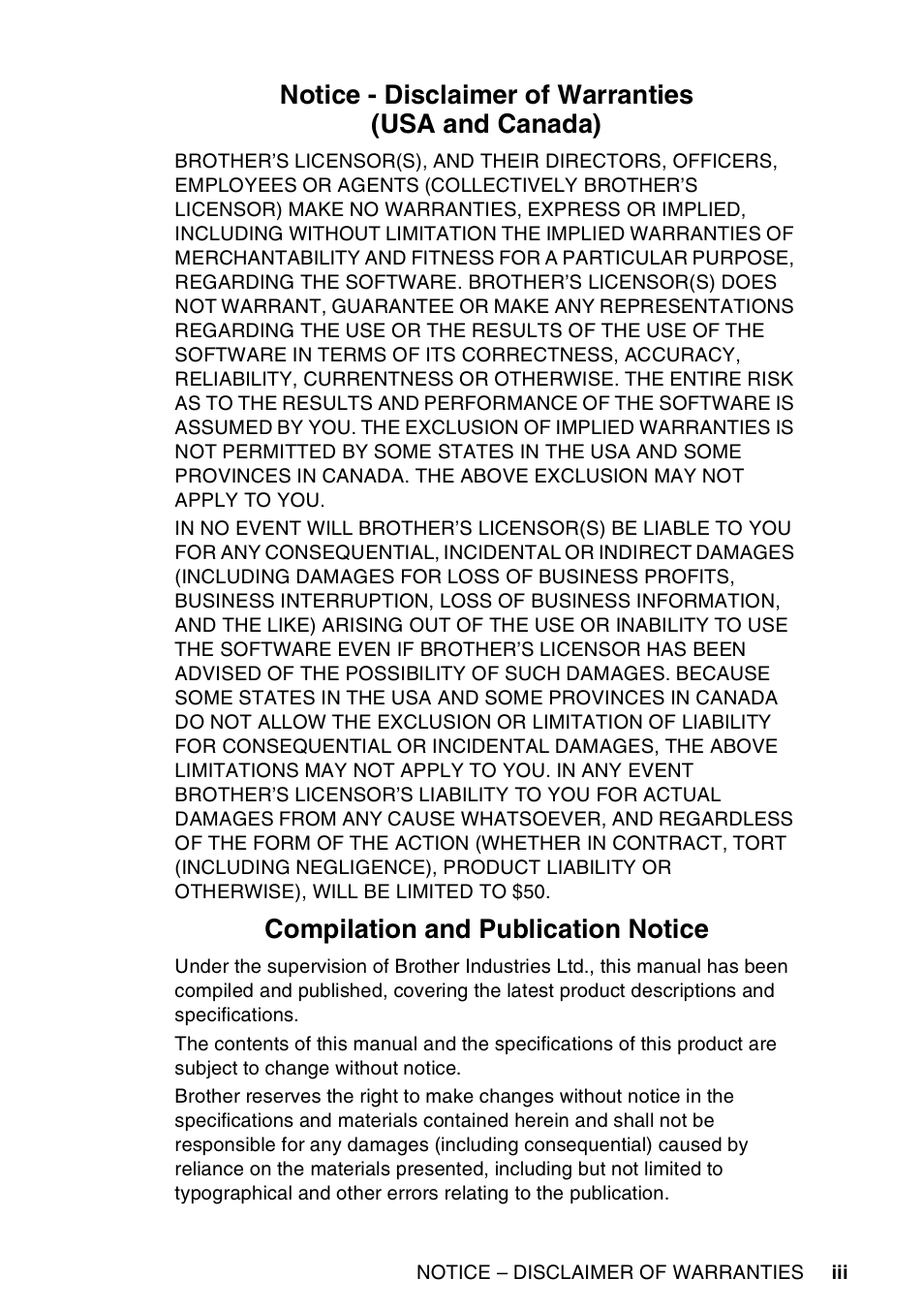 Notice - disclaimer of warranties (usa and canada), Compilation and publication notice | Brother MFC-8440  B User Manual | Page 5 / 231