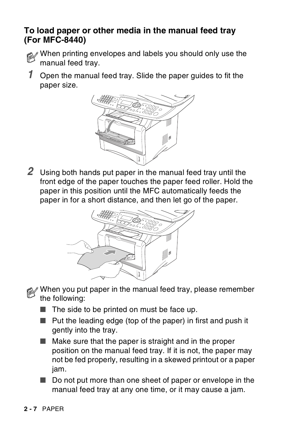 To load paper or other media in the manual, Feed tray (for mfc-8440) -7 | Brother MFC-8440  B User Manual | Page 50 / 231