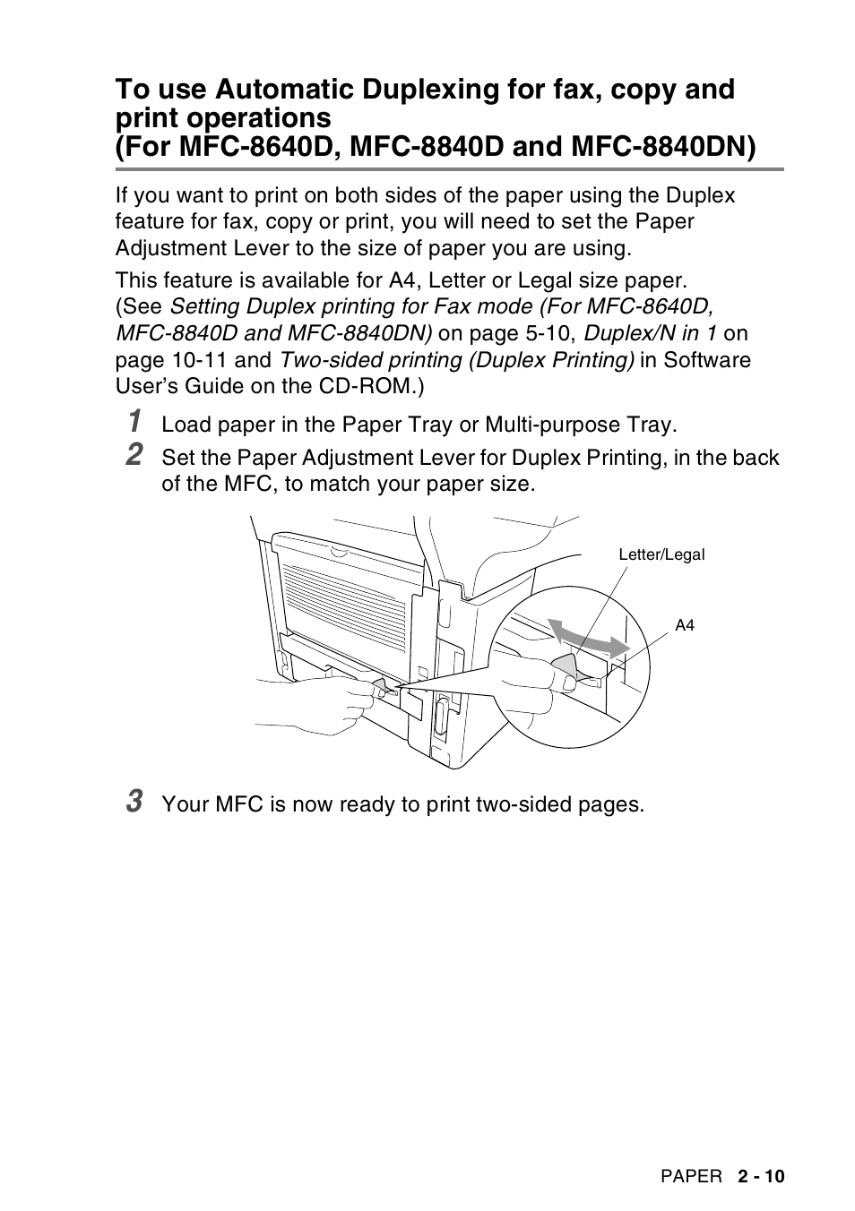 To use automatic duplexing for fax, copy and print | Brother MFC-8440  B User Manual | Page 53 / 231