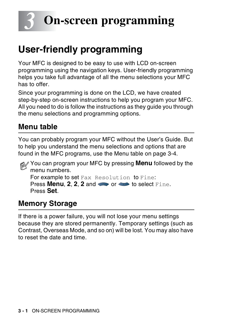 3 on-screen programming, User-friendly programming, Menu table | Memory storage, On-screen programming -1, User-friendly programming -1, Menu table -1 memory storage -1, On-screen programming | Brother MFC-8440  B User Manual | Page 54 / 231