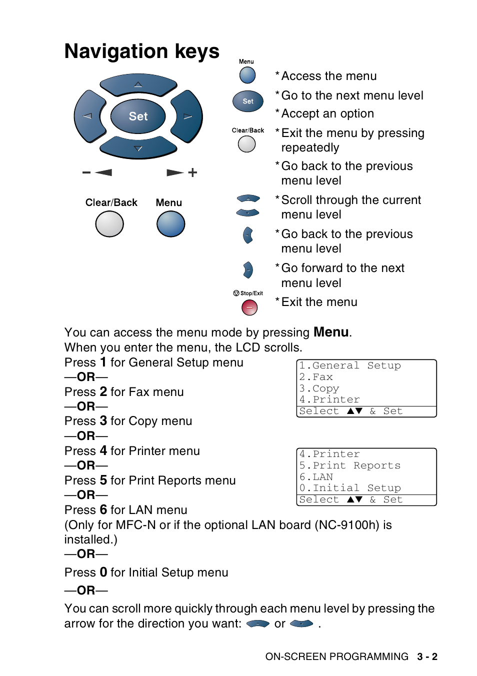 Navigation keys, Navigation keys -2 | Brother MFC-8440  B User Manual | Page 55 / 231