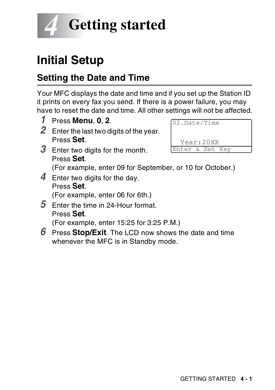 4 getting started, Initial setup, Setting the date and time | Getting started -1, Initial setup -1, Setting the date and time -1, Getting started | Brother MFC-8440  B User Manual | Page 69 / 231