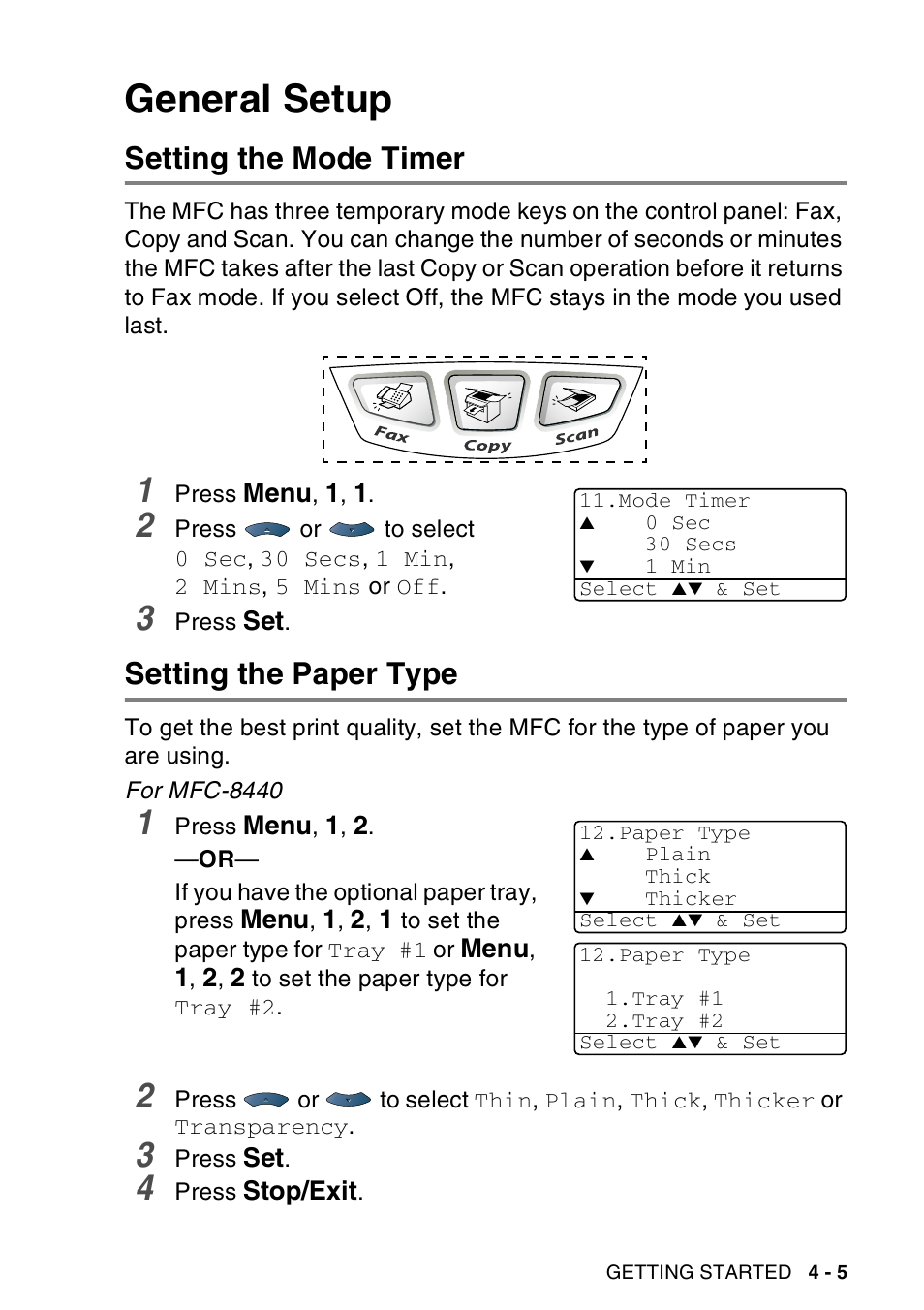 General setup, Setting the mode timer, Setting the paper type | General setup -5 | Brother MFC-8440  B User Manual | Page 73 / 231