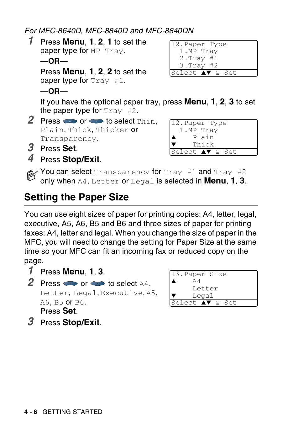 Setting the paper size, Setting the paper size -6 | Brother MFC-8440  B User Manual | Page 74 / 231