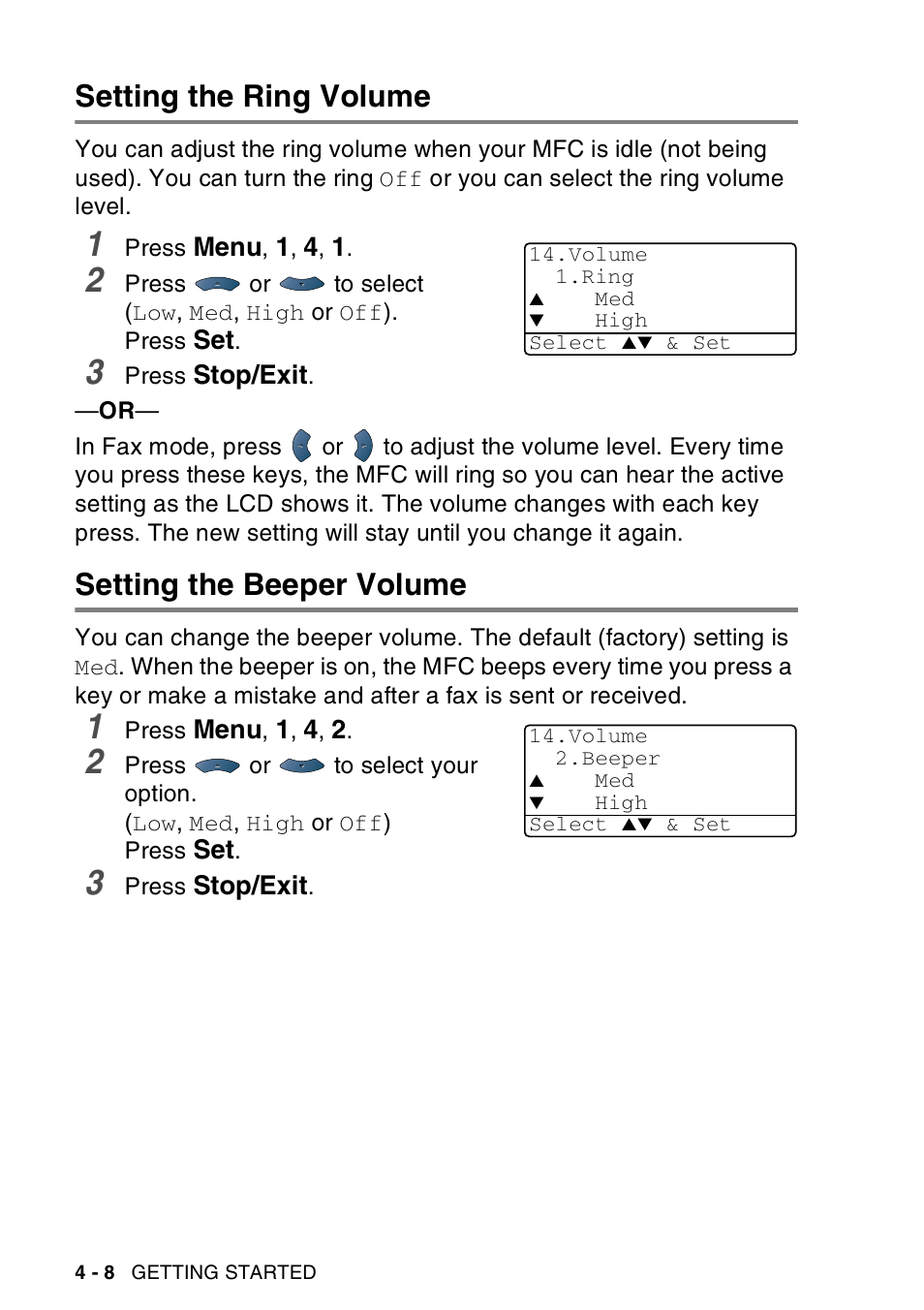 Setting the ring volume, Setting the beeper volume | Brother MFC-8440  B User Manual | Page 76 / 231