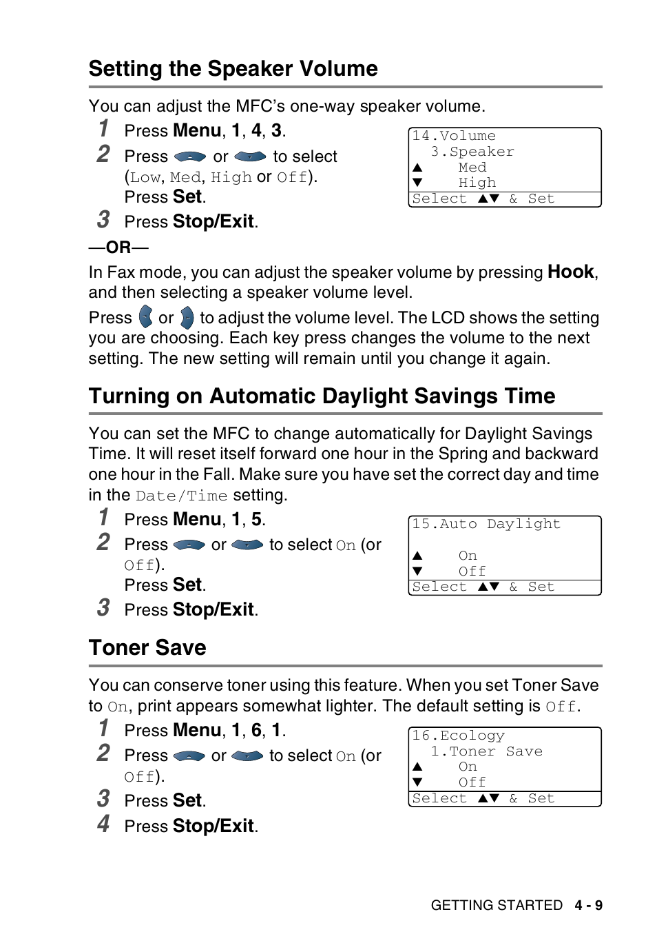 Setting the speaker volume, Turning on automatic daylight savings time, Toner save | Brother MFC-8440  B User Manual | Page 77 / 231