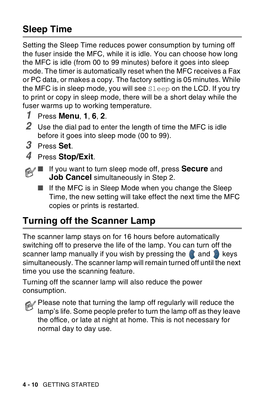 Sleep time, Turning off the scanner lamp, Sleep time -10 turning off the scanner lamp -10 | Brother MFC-8440  B User Manual | Page 78 / 231