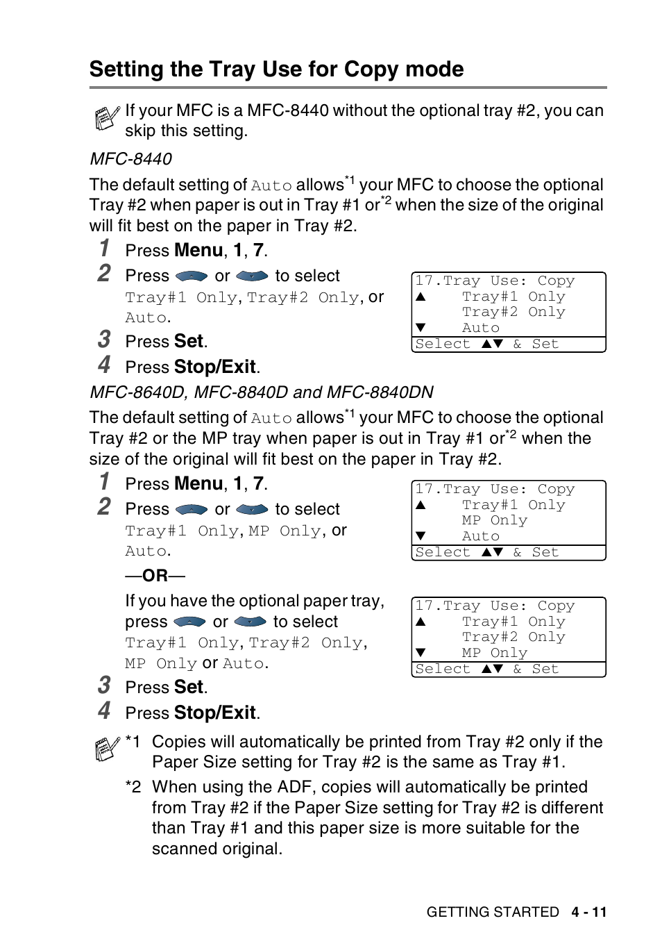 Setting the tray use for copy mode, Setting the tray use for copy mode -11 | Brother MFC-8440  B User Manual | Page 79 / 231