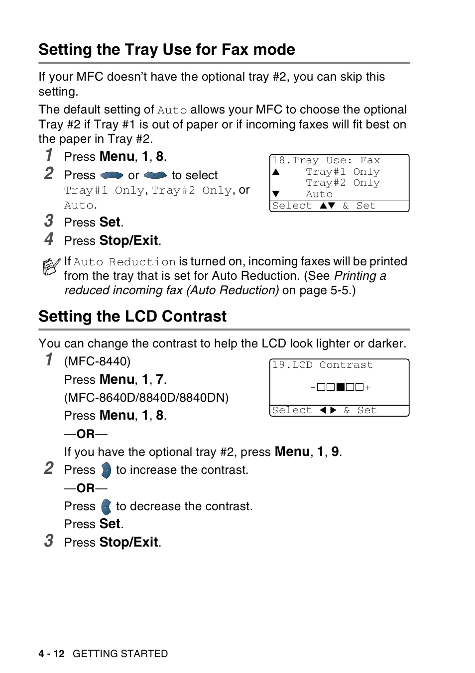 Setting the tray use for fax mode, Setting the lcd contrast | Brother MFC-8440  B User Manual | Page 80 / 231