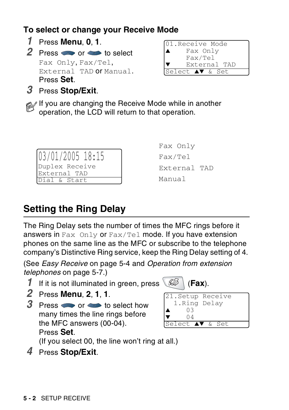 To select or change your receive mode, Setting the ring delay, To select or change your receive mode -2 | Setting the ring delay -2 | Brother MFC-8440  B User Manual | Page 82 / 231