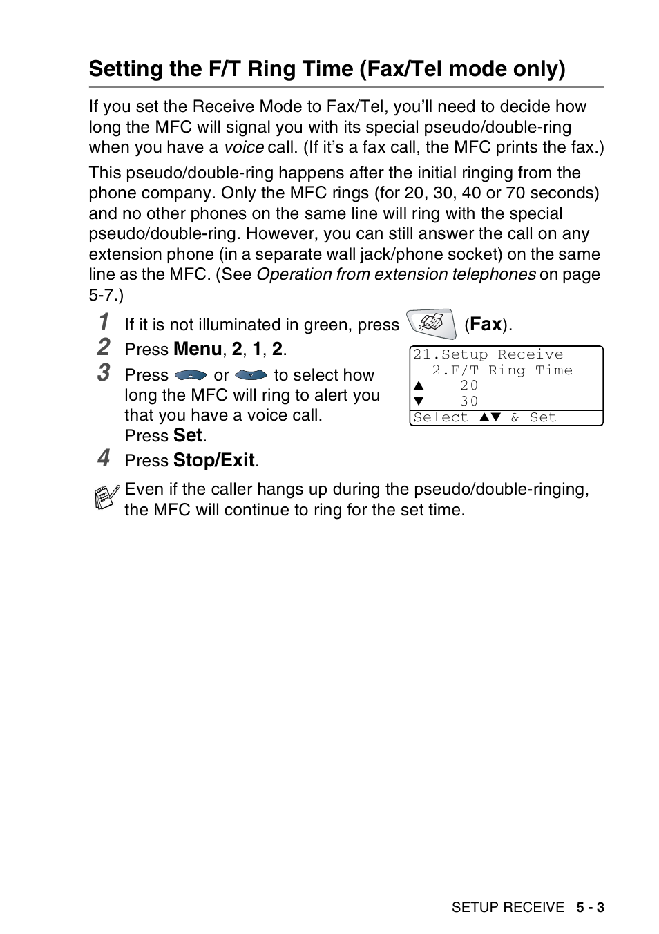 Setting the f/t ring time (fax/tel mode only), Setting the f/t ring time (fax/tel mode only) -3 | Brother MFC-8440  B User Manual | Page 83 / 231