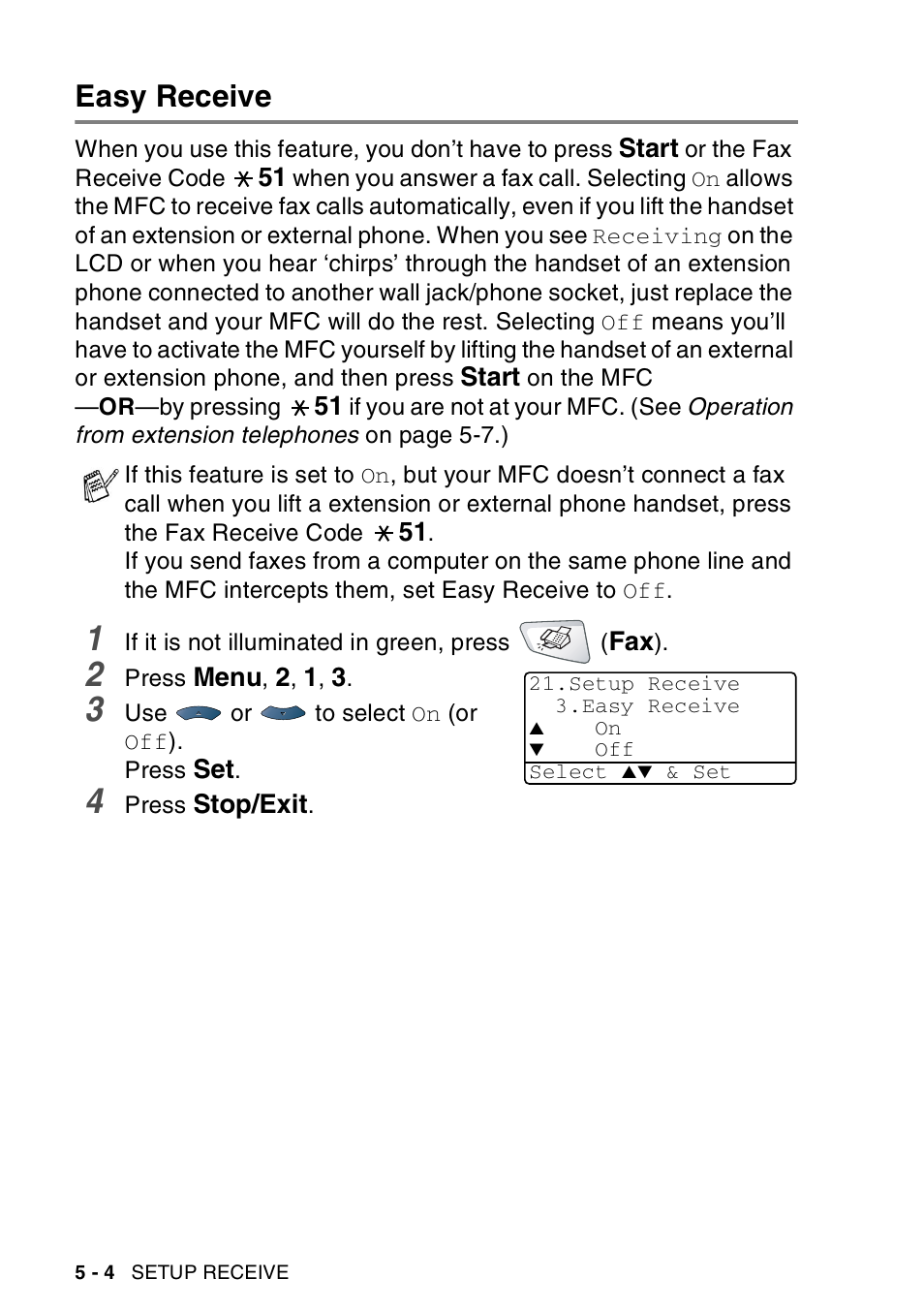 Easy receive, Easy receive -4 | Brother MFC-8440  B User Manual | Page 84 / 231