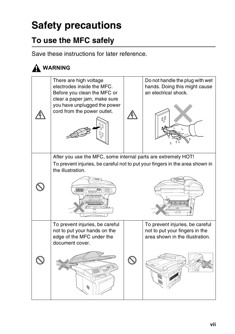 Safety precautions, To use the mfc safely | Brother MFC-8440  B User Manual | Page 9 / 231