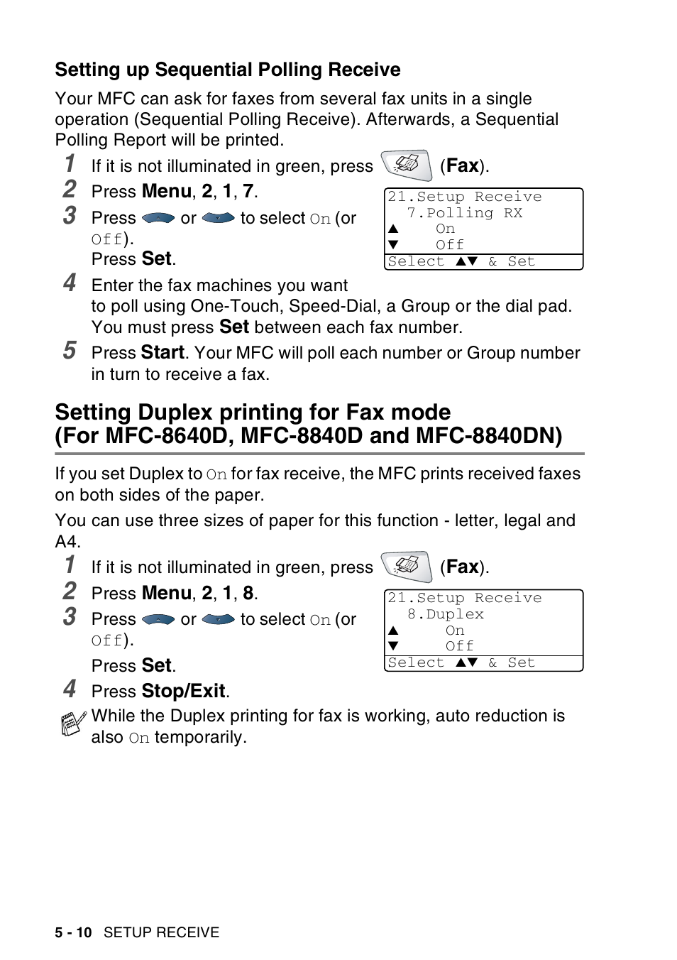 Setting up sequential polling receive, Setting up sequential polling receive -10, Setting duplex printing for fax mode | For mfc-8640d, mfc-8840d and mfc-8840dn) -10 | Brother MFC-8440  B User Manual | Page 90 / 231