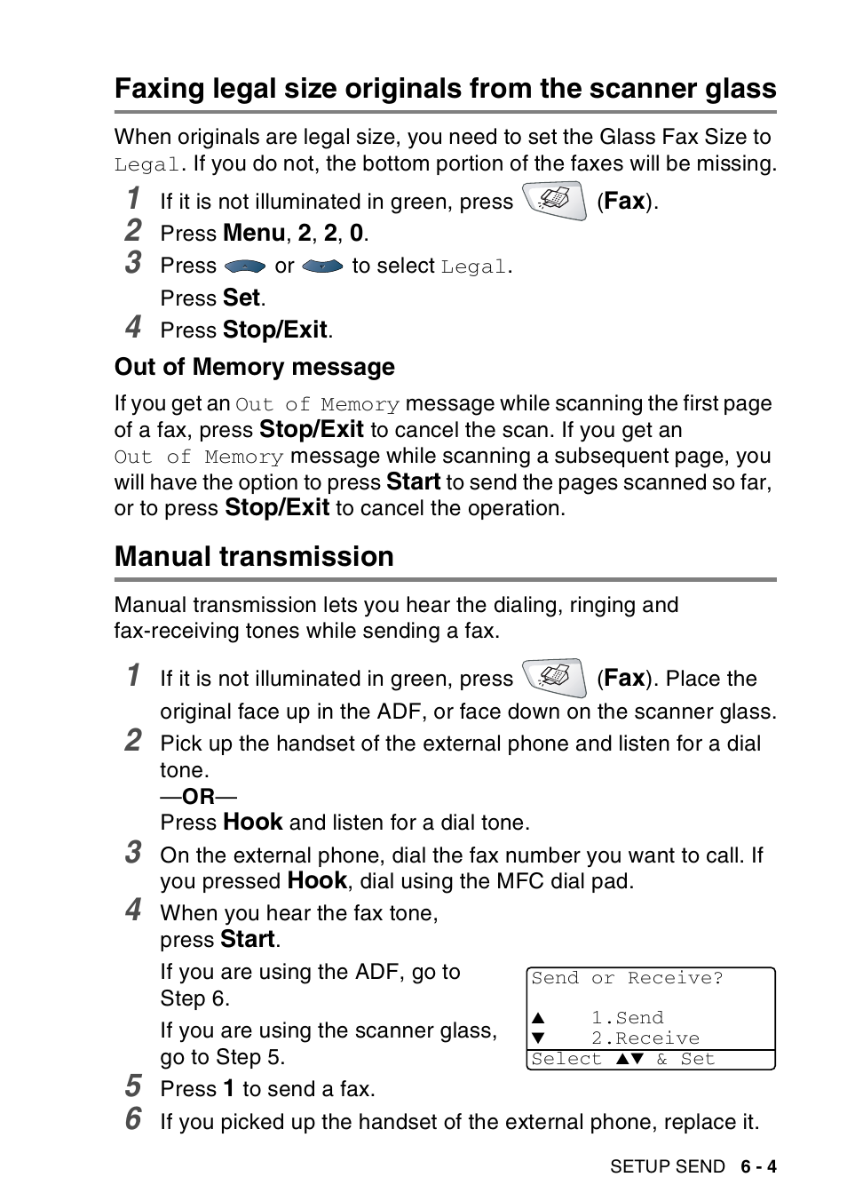 Faxing legal size originals from the scanner glass, Out of memory message, Manual transmission | Out of memory message -4, Manual transmission -4 | Brother MFC-8440  B User Manual | Page 99 / 231