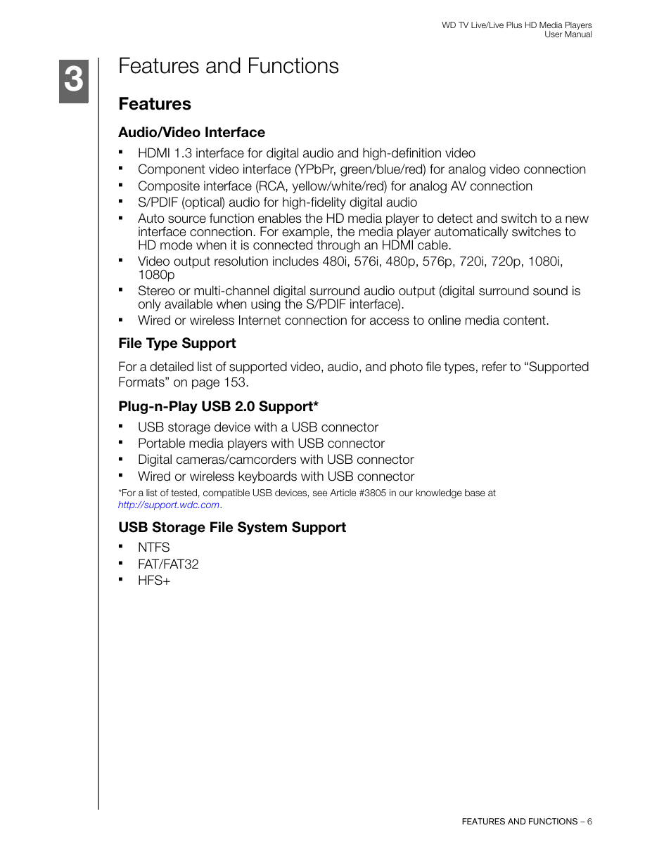 Features and functions, Features, Audio/video interface | File type support, Plug-n-play usb 2.0 support, Usb storage file system support | Western Digital WD TV Live/Live Plus Media Player User Manual User Manual | Page 10 / 170