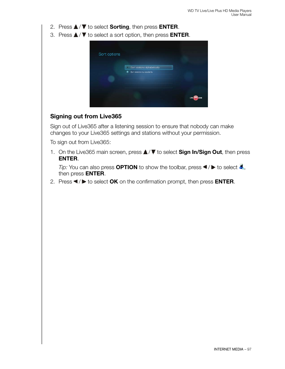 Signing out from live365 | Western Digital WD TV Live/Live Plus Media Player User Manual User Manual | Page 101 / 170