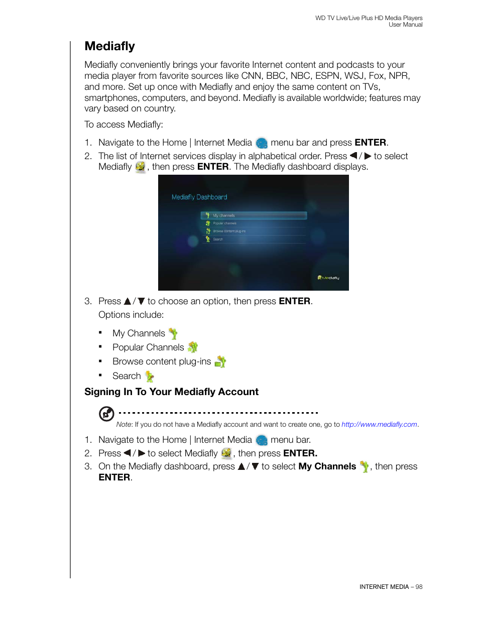Mediafly, Signing in to your mediafly account | Western Digital WD TV Live/Live Plus Media Player User Manual User Manual | Page 102 / 170