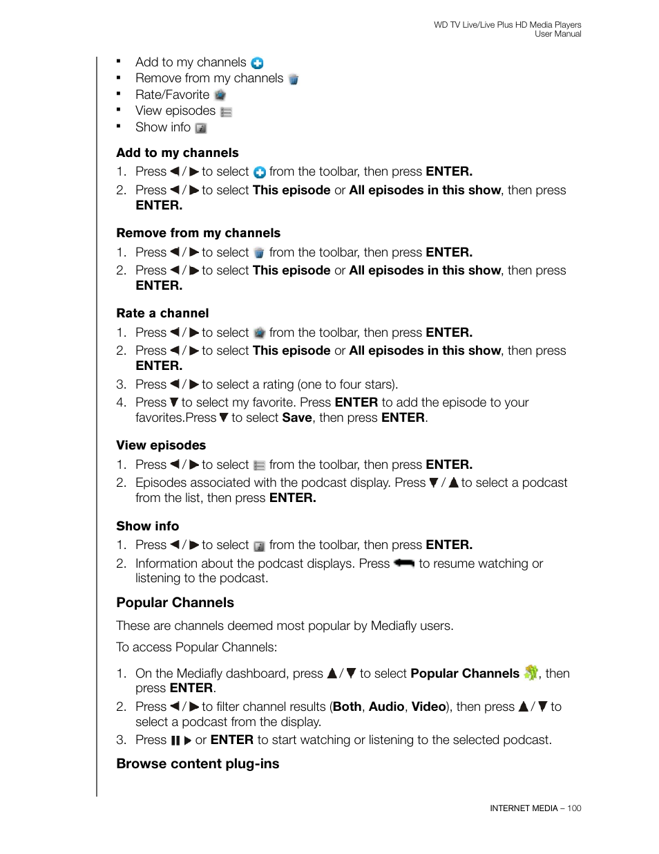Add to my channels, Remove from my channels, Rate a channel | View episodes, Show info, Popular channels, Browse content plug-ins | Western Digital WD TV Live/Live Plus Media Player User Manual User Manual | Page 104 / 170