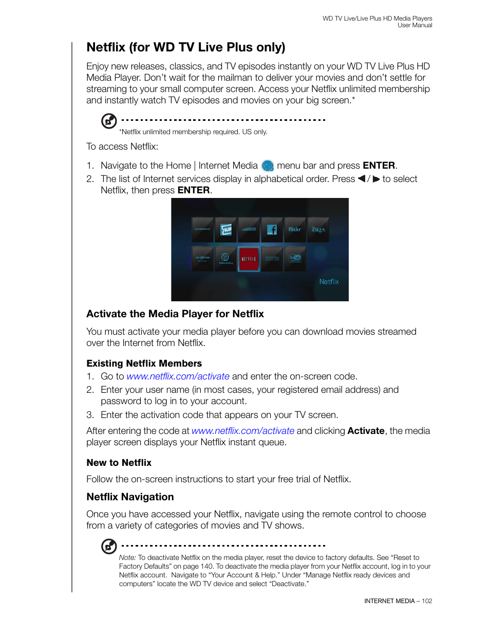 Netflix (for wd tv live plus only), Activate the media player for netflix, Existing netflix members | New to netflix, Netflix navigation | Western Digital WD TV Live/Live Plus Media Player User Manual User Manual | Page 106 / 170