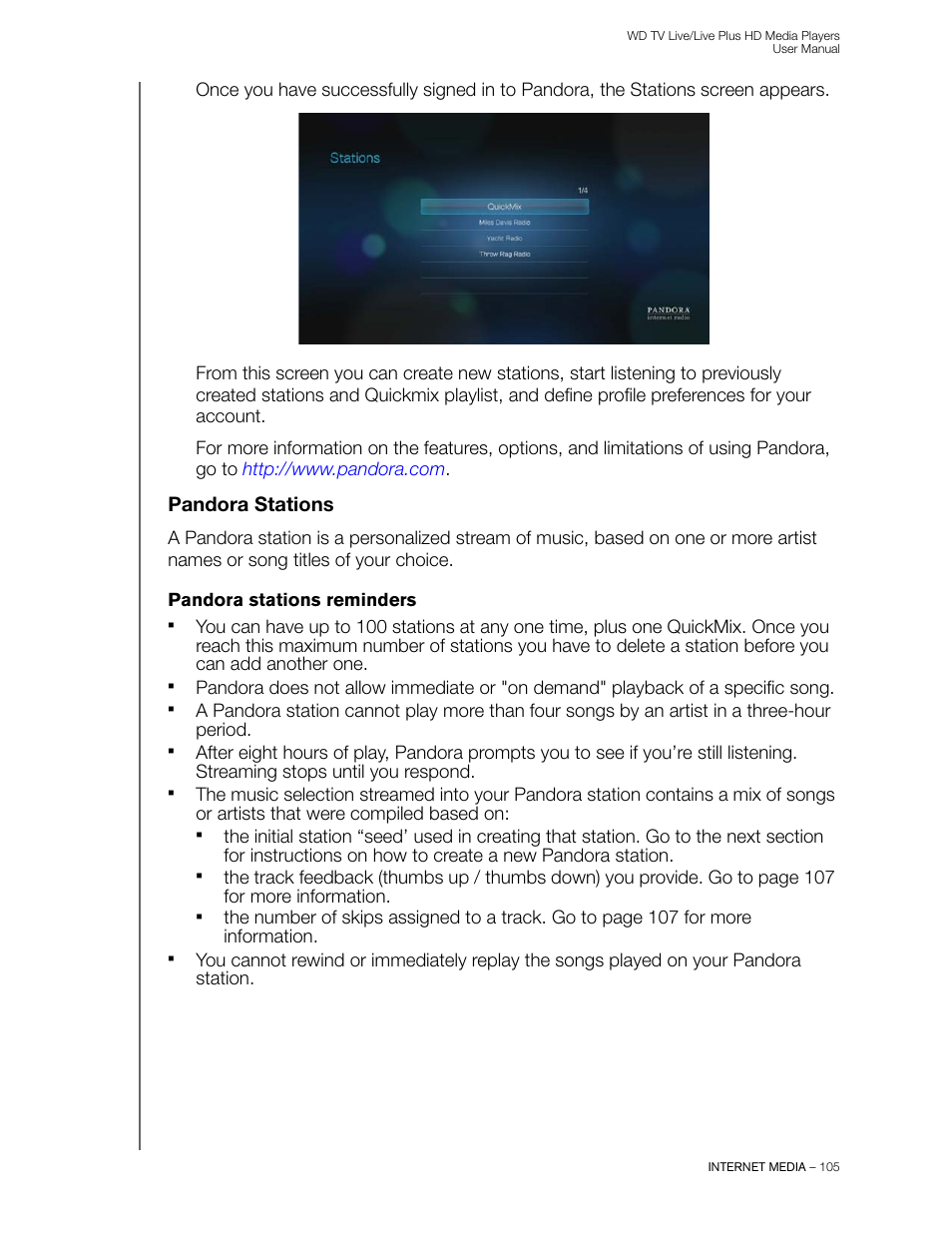 Pandora stations, Pandora stations reminders | Western Digital WD TV Live/Live Plus Media Player User Manual User Manual | Page 109 / 170