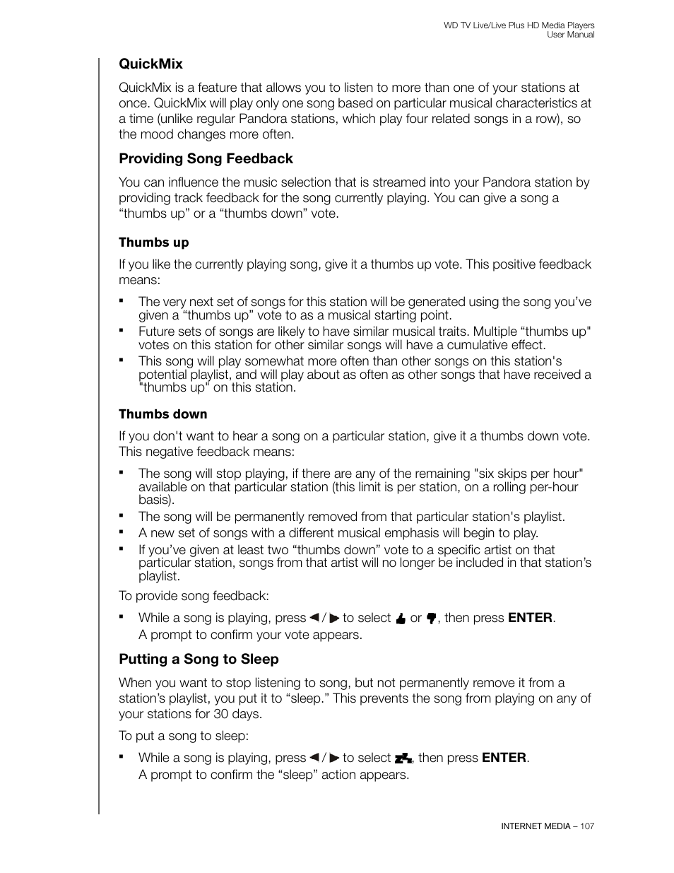 Quickmix, Providing song feedback, Thumbs up | Thumbs down, Putting a song to sleep | Western Digital WD TV Live/Live Plus Media Player User Manual User Manual | Page 111 / 170