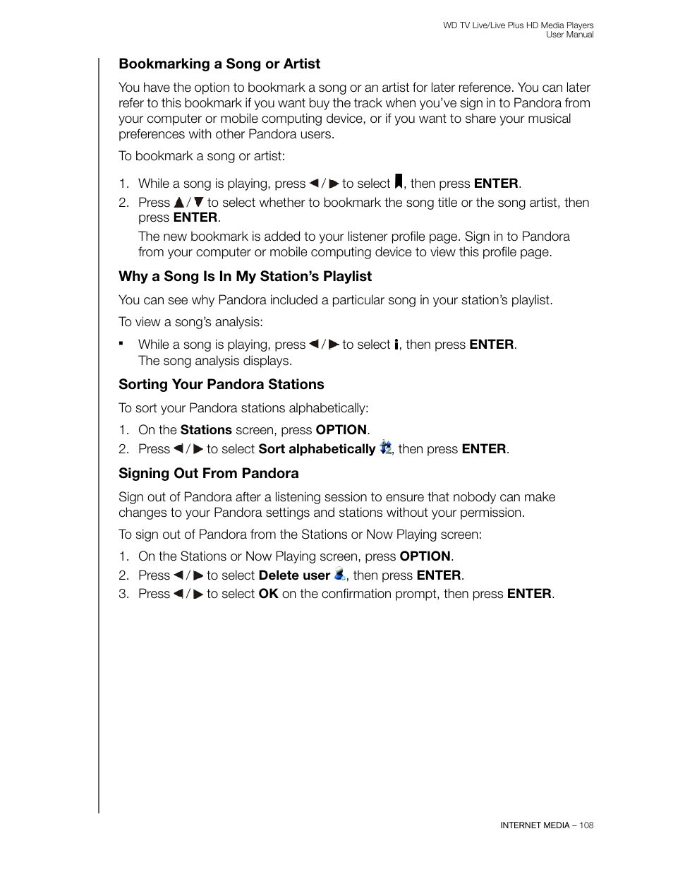 Bookmarking a song or artist, Why a song is in my station’s playlist, Sorting your pandora stations | Signing out from pandora | Western Digital WD TV Live/Live Plus Media Player User Manual User Manual | Page 112 / 170