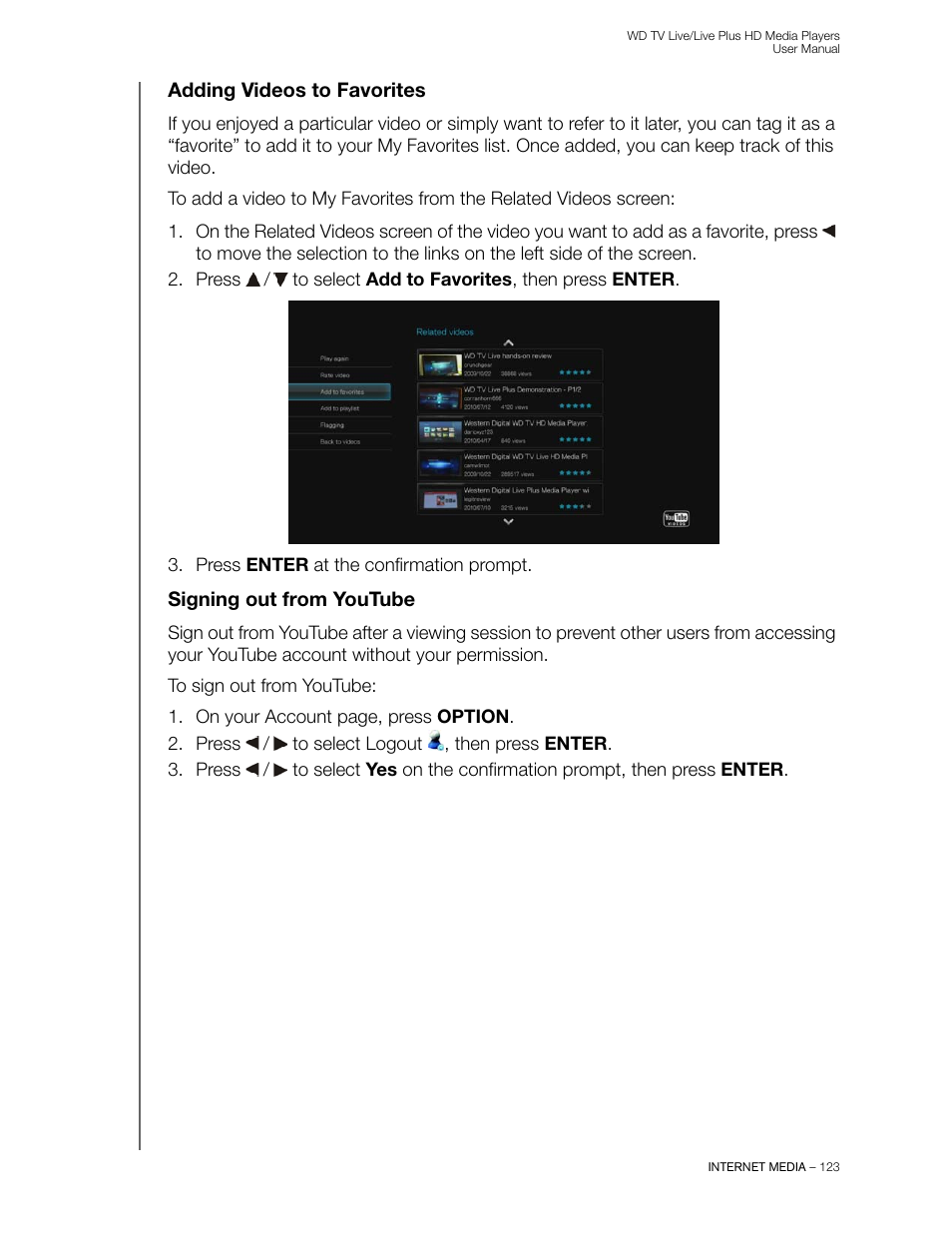 Adding videos to favorites, Signing out from youtube | Western Digital WD TV Live/Live Plus Media Player User Manual User Manual | Page 127 / 170