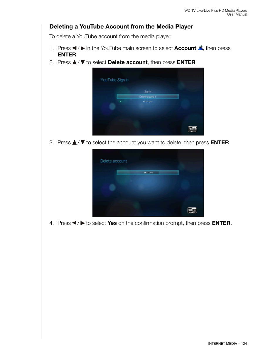Deleting a youtube account from the media player | Western Digital WD TV Live/Live Plus Media Player User Manual User Manual | Page 128 / 170