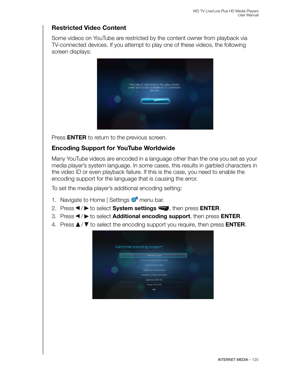 Restricted video content, Encoding support for youtube worldwide | Western Digital WD TV Live/Live Plus Media Player User Manual User Manual | Page 129 / 170