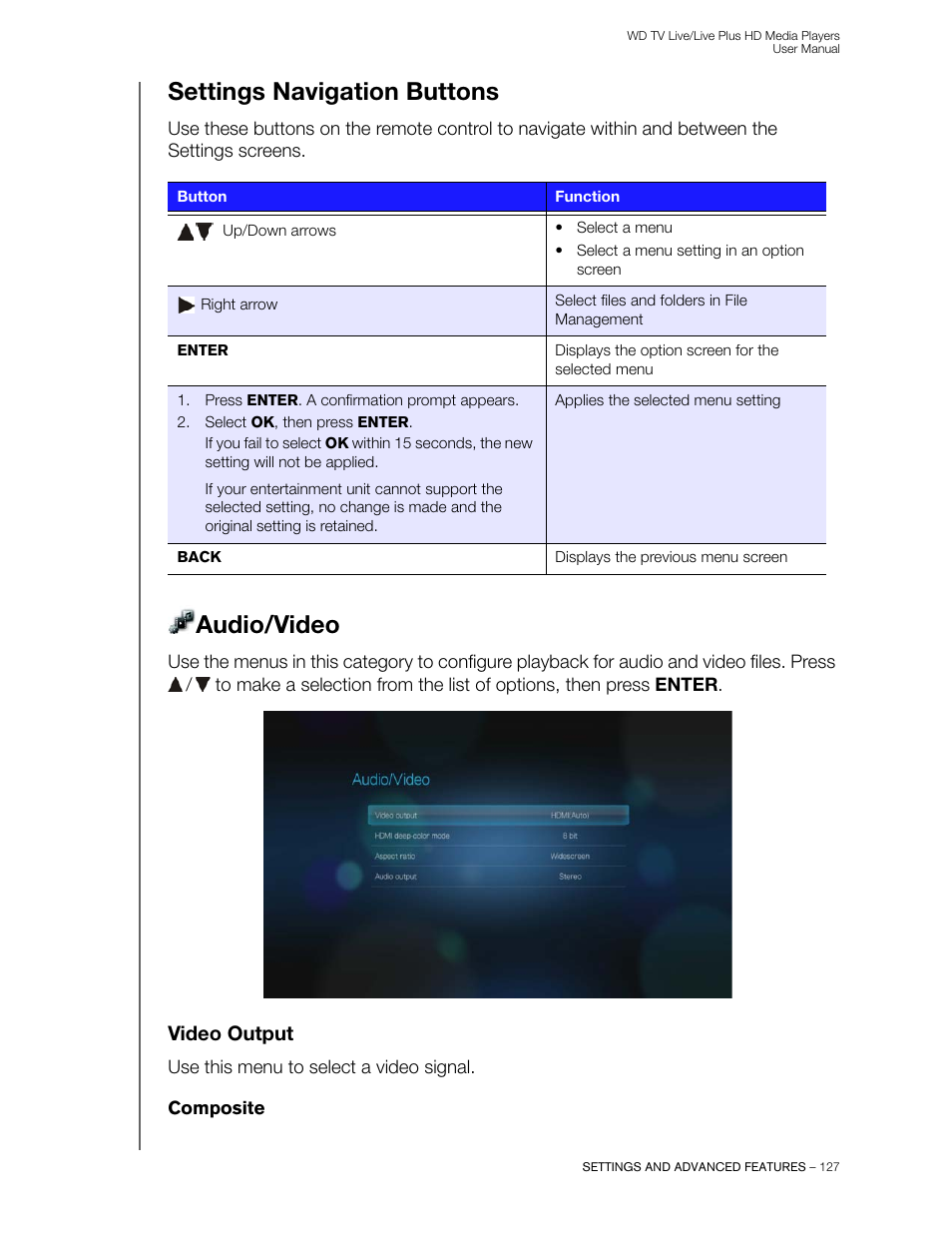 Settings navigation buttons, Audio/video, Video output | Composite | Western Digital WD TV Live/Live Plus Media Player User Manual User Manual | Page 131 / 170