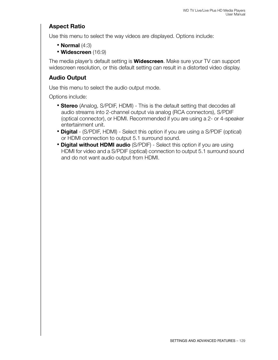 Aspect ratio, Audio output | Western Digital WD TV Live/Live Plus Media Player User Manual User Manual | Page 133 / 170