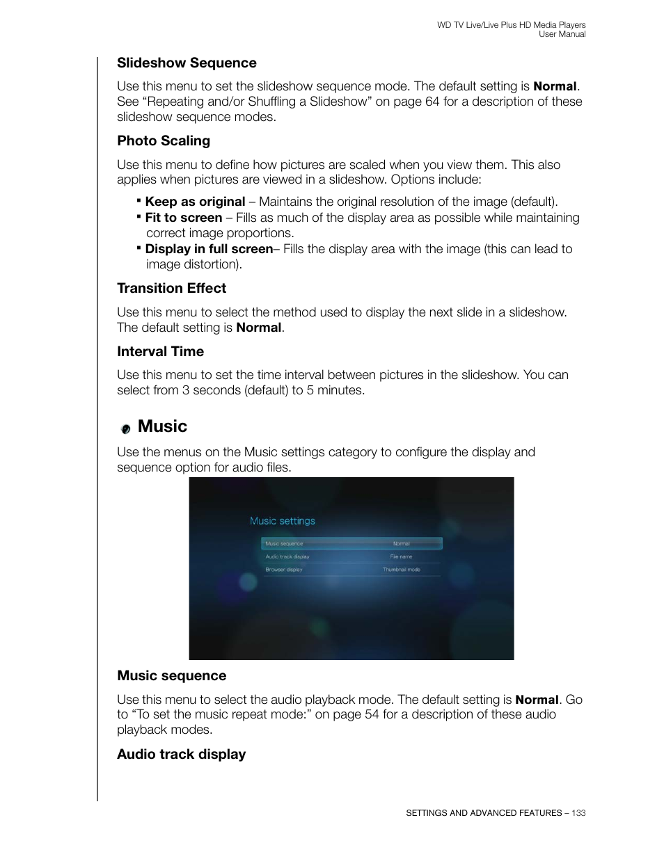 Slideshow sequence, Photo scaling, Transition effect | Interval time, Music, Music sequence, Audio track display | Western Digital WD TV Live/Live Plus Media Player User Manual User Manual | Page 137 / 170