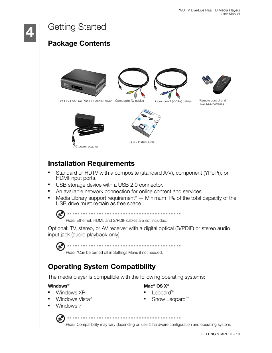 Getting started, Package contents, Installation requirements | Operating system compatibility, Package contents installation requirements, Usb storage device with a usb 2.0 connector, Windows xp, Windows vista, Windows 7, Leopard | Western Digital WD TV Live/Live Plus Media Player User Manual User Manual | Page 14 / 170