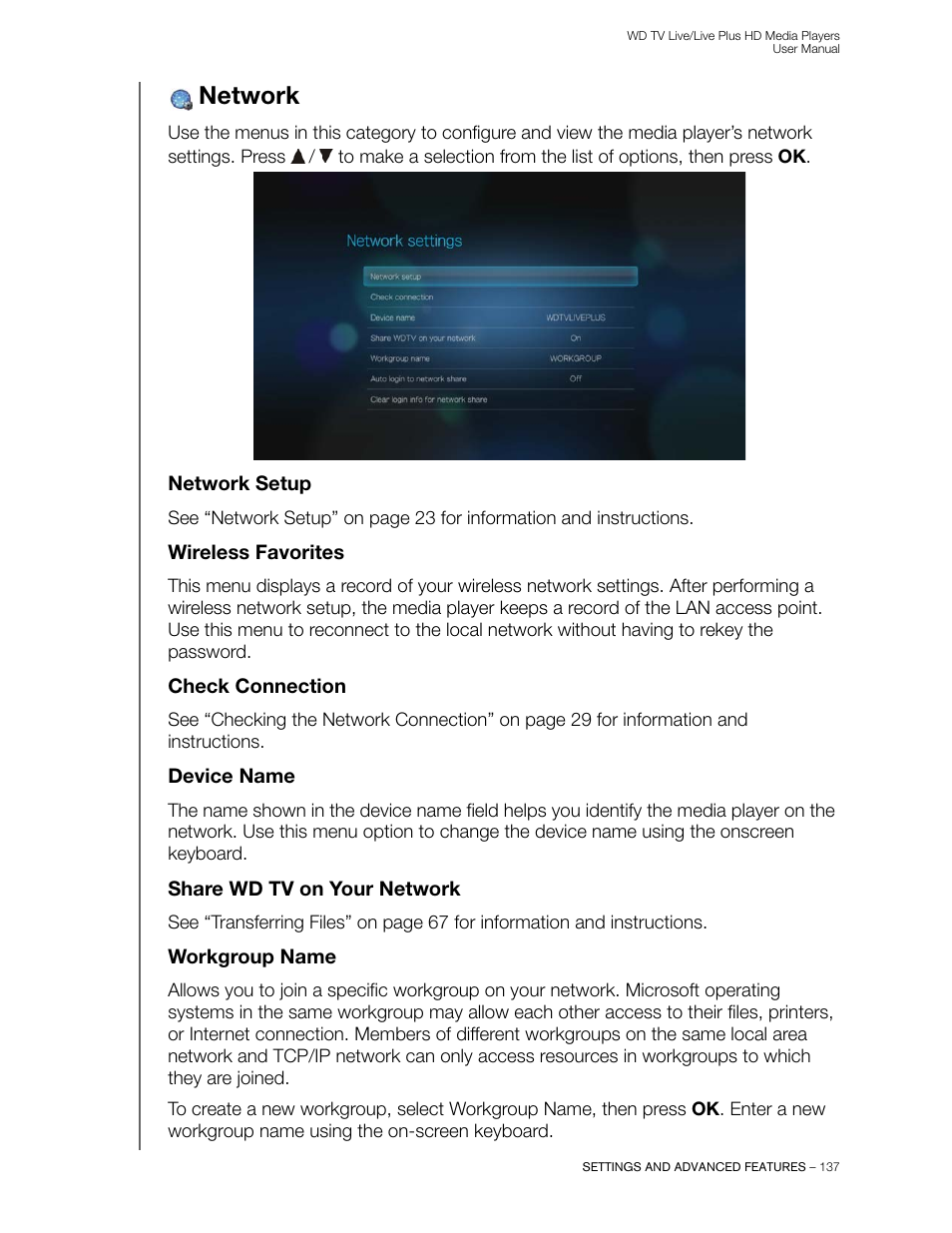 Network, Network setup, Wireless favorites | Check connection, Device name, Share wd tv on your network, Workgroup name | Western Digital WD TV Live/Live Plus Media Player User Manual User Manual | Page 141 / 170