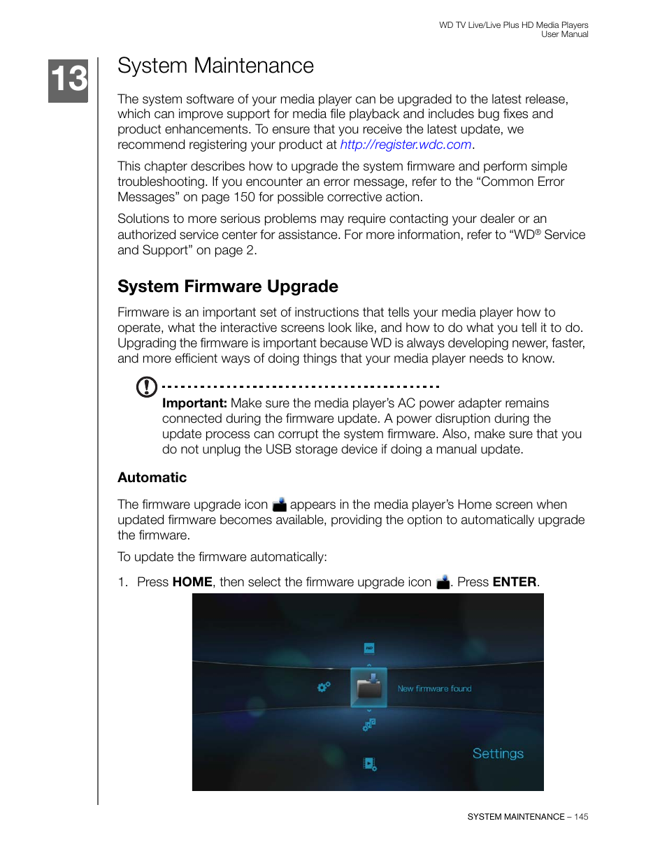 System maintenance, System firmware upgrade, Automatic | Western Digital WD TV Live/Live Plus Media Player User Manual User Manual | Page 149 / 170