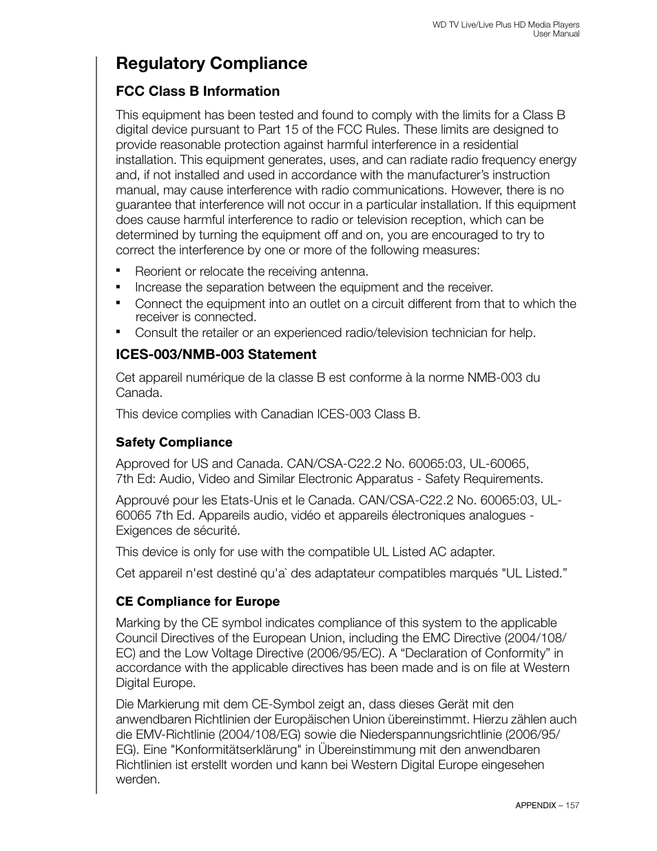 Regulatory compliance, Fcc class b information, Ices-003/nmb-003 statement | Western Digital WD TV Live/Live Plus Media Player User Manual User Manual | Page 161 / 170