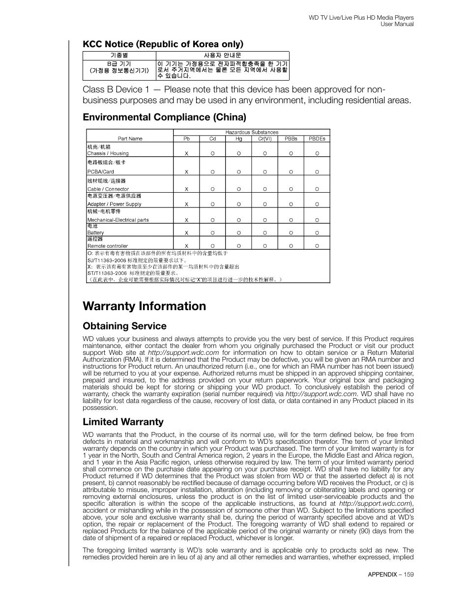 Environmental compliance (china), Warranty information, Obtaining service | Limited warranty | Western Digital WD TV Live/Live Plus Media Player User Manual User Manual | Page 163 / 170