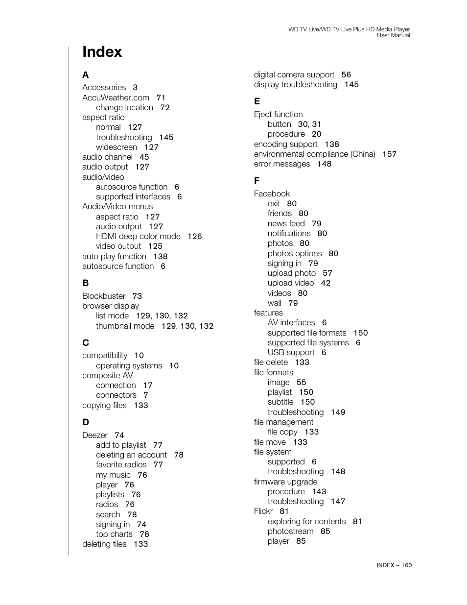 Index | Western Digital WD TV Live/Live Plus Media Player User Manual User Manual | Page 166 / 170