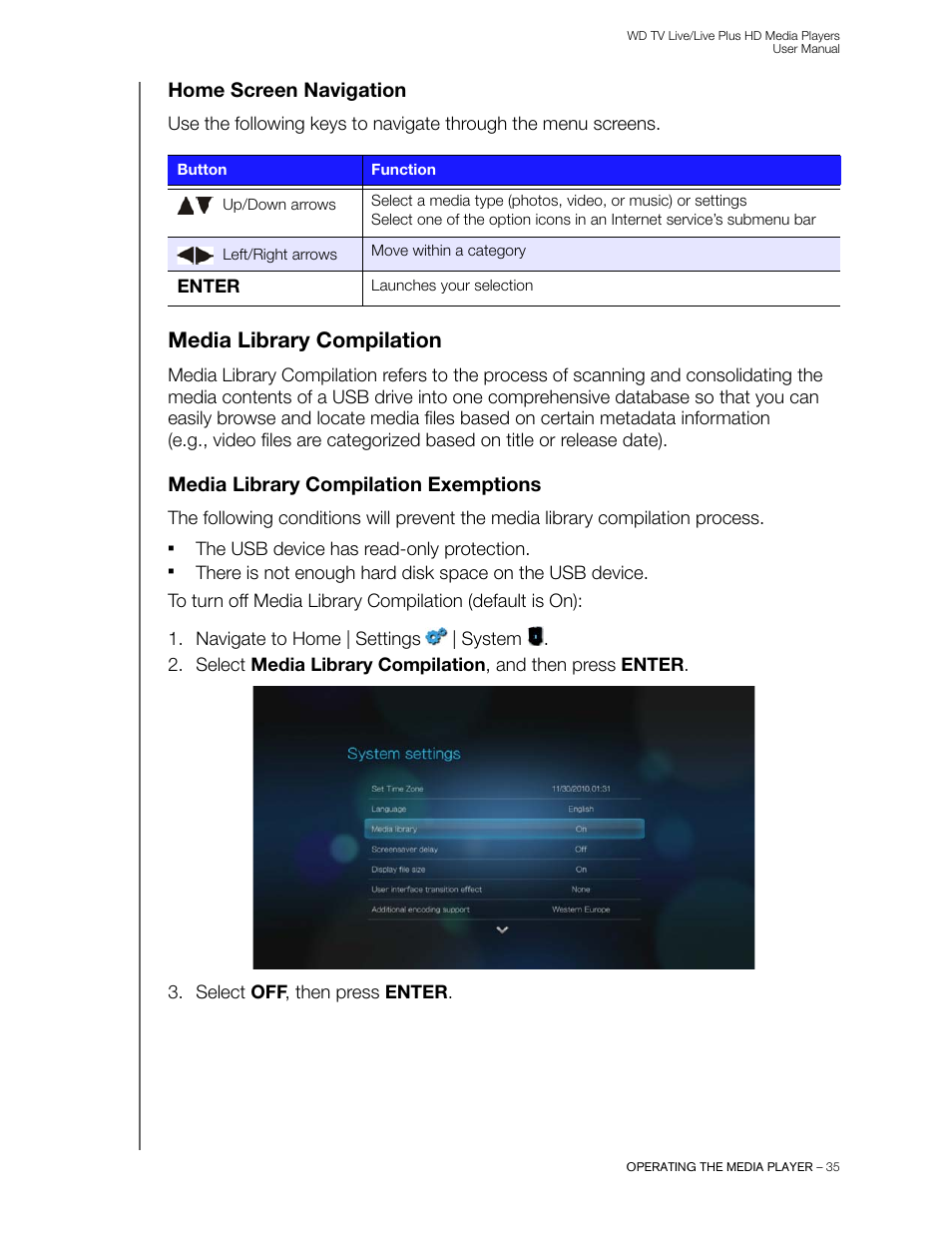 Home screen navigation, Media library compilation, Media library compilation exemptions | Western Digital WD TV Live/Live Plus Media Player User Manual User Manual | Page 39 / 170