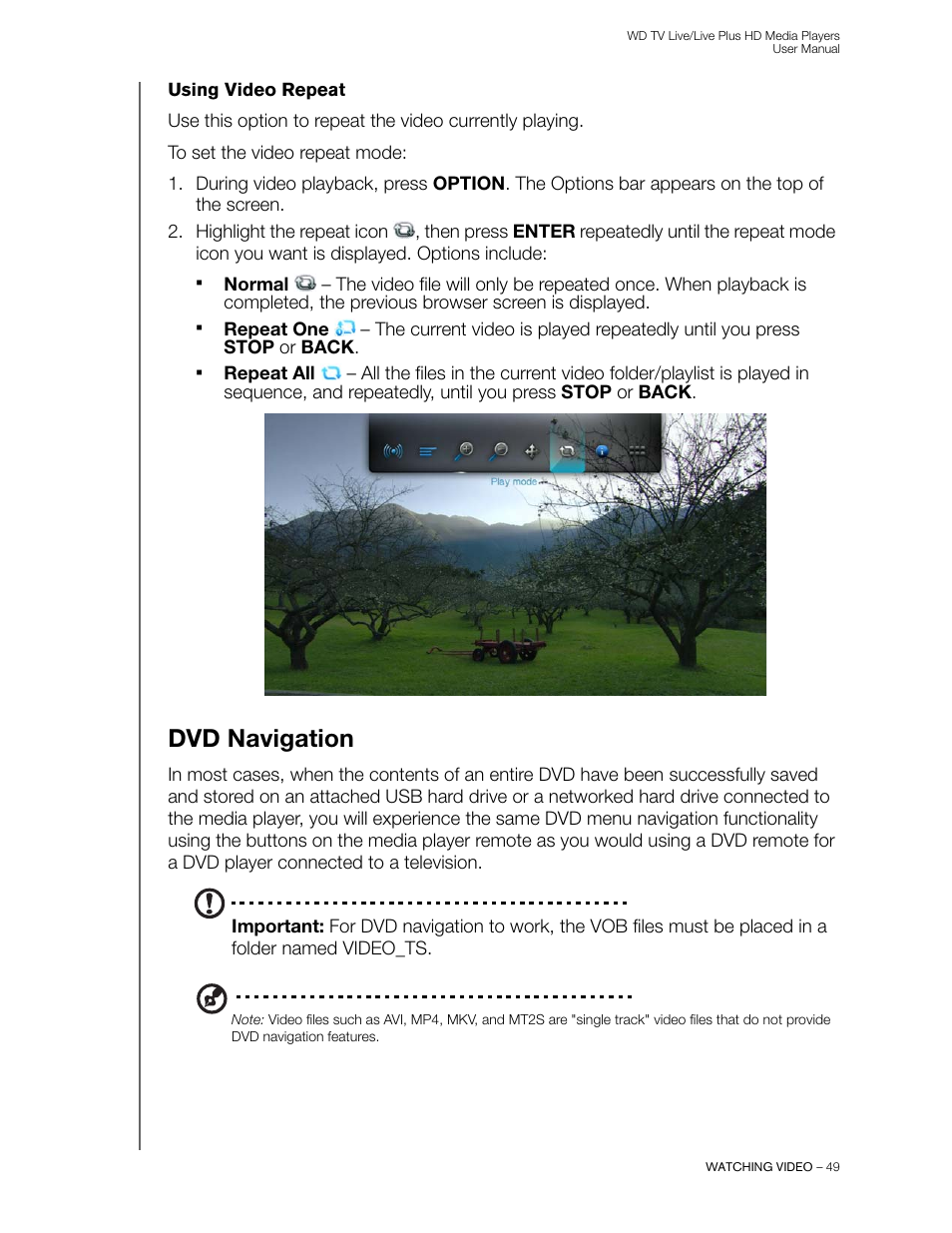 Using video repeat, Dvd navigation | Western Digital WD TV Live/Live Plus Media Player User Manual User Manual | Page 53 / 170